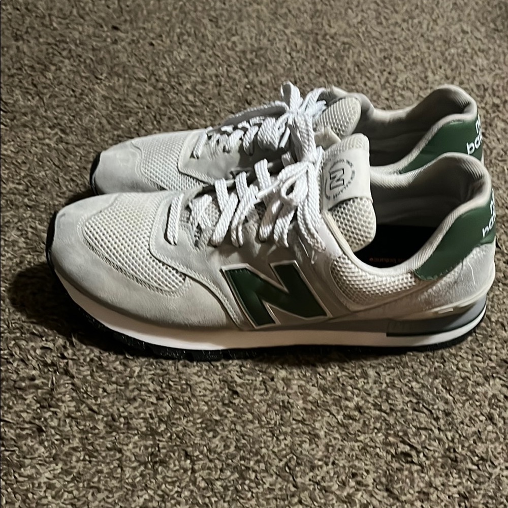 New Balance White and Green Classic Sneakers